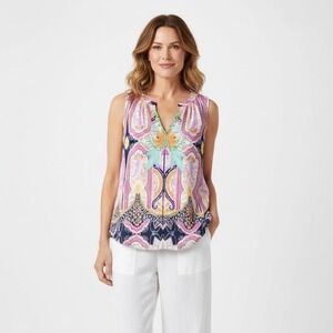 Rose + Olive Womens Sleeveless‎ Boho Top 2X Lightweight V Neck Hippie Colorful